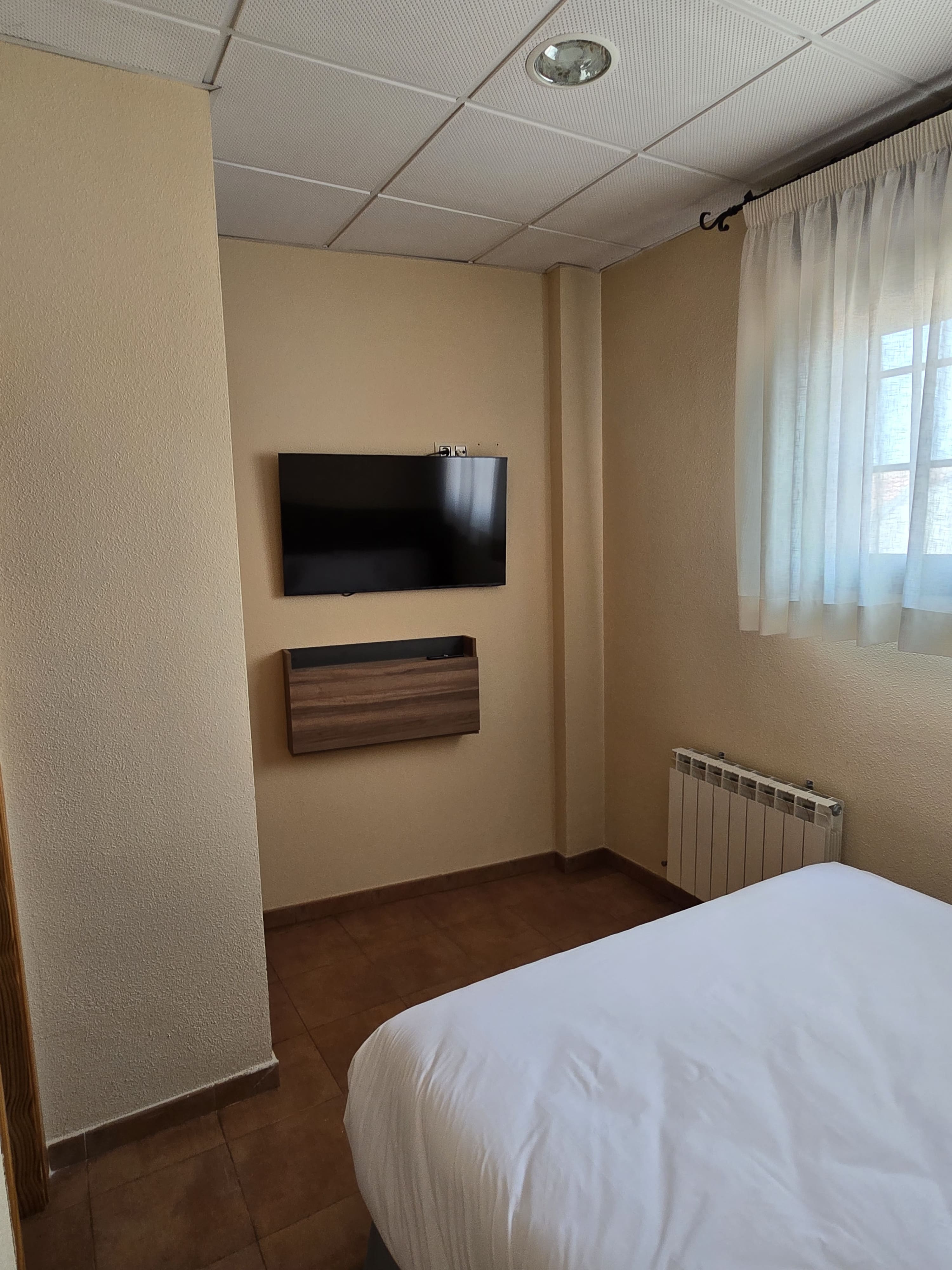 Televisión y radiador con puerta al baño, habitación individual